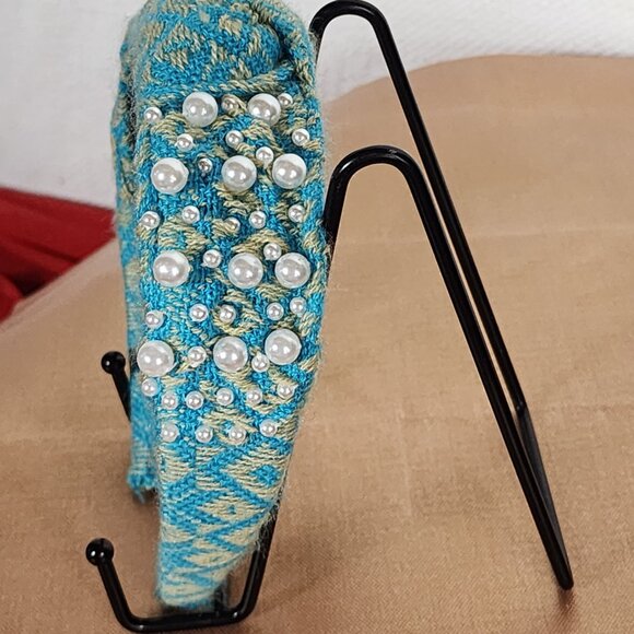 Handmade Poly Turquoise Sweater Material White Faux Pearl Embellished Headband - Picture 14 of 16